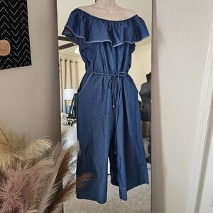 🚫SOLD🚫Off Shoulder Denim Jumpsuit Women’s ___ Ruffle Romper Wide Leg